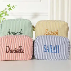 Monogrammed Seersucker Toiletry Bag: Custom Bridesmaid Makeup Bag