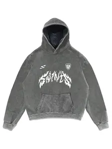 Men's Acid Wash Oversized Hoodie Streetwear Heavyweight Distressed Pullover Gothic Graphic Print Sweatshirt Retro Y2K Aesthetic Baggy Fit for Daily Street Style OOTD