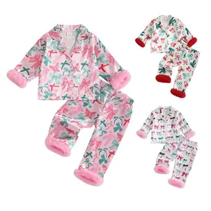 REDWOON Toddler Baby Girl Christmas Fuzzy Pajamas Set Cute Bow Print Button Down Shirt and Pants Holiday Pjs for Kids Loungewear Set