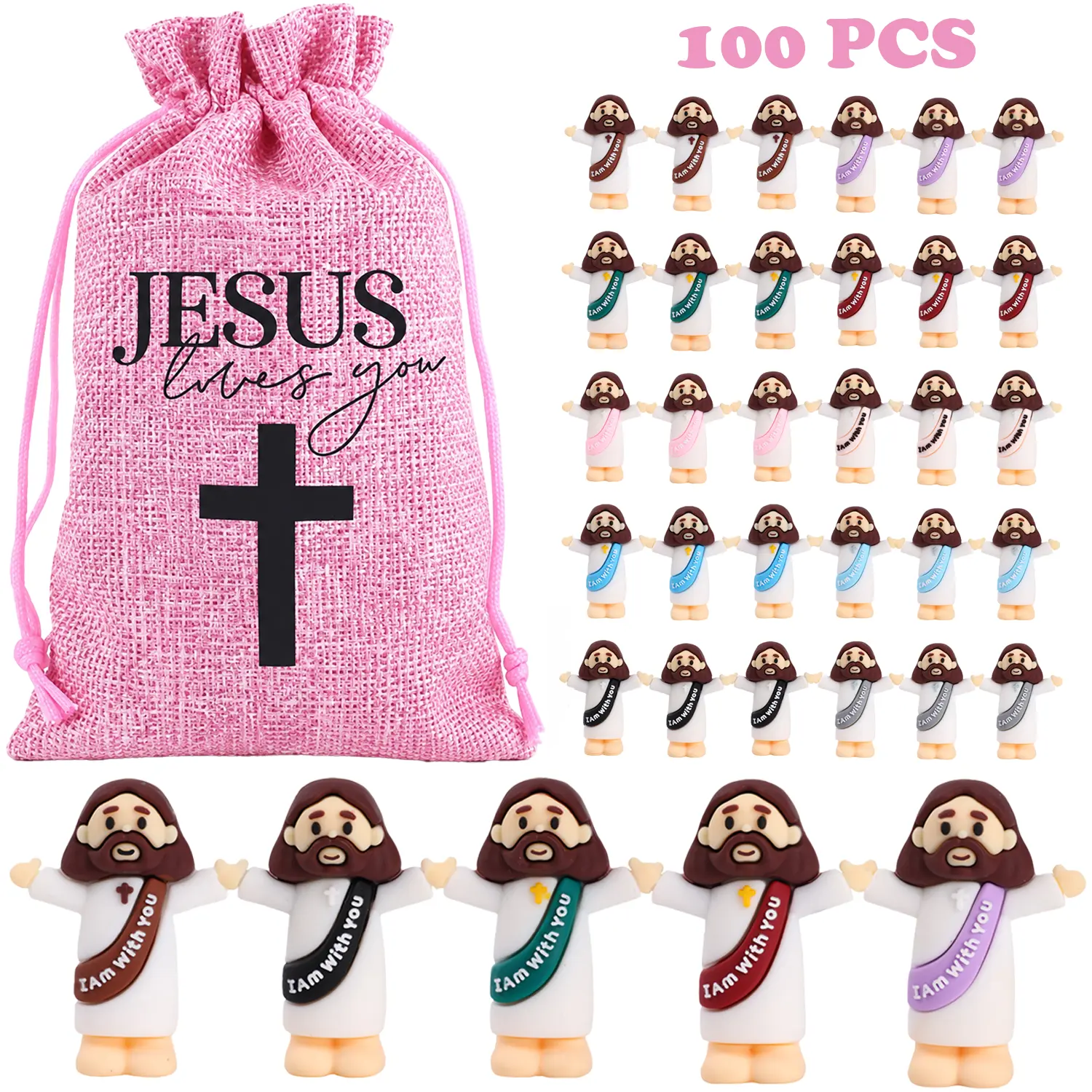 100 PCS Bulk Mini Jesus Ornaments with Pouch, Multicolor Baby Jesus Figurines, Christian Religious Party Favors for Sunday School Baptism Decor