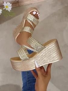 Women's Fashionable Rhinestone Decorated Platform Sandals, Casual Comfortable Wedge Sandals for Beach Vacation, Non-slip Wear-resistant Shoes for Daily Wear, Summer, Flatform