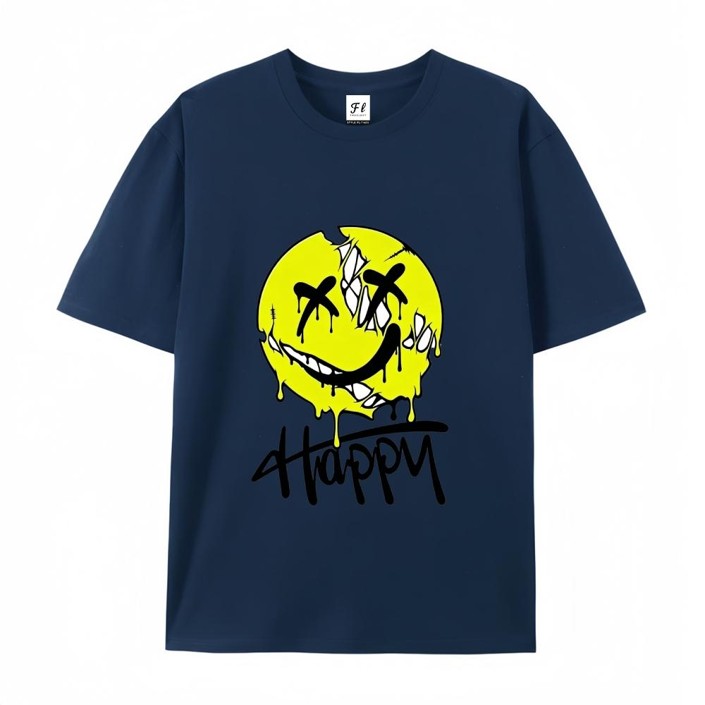 OveHappy Dripping Smiley Print T-Shirt Men Women rsized Casual Streetwear Short Sleeve Tops