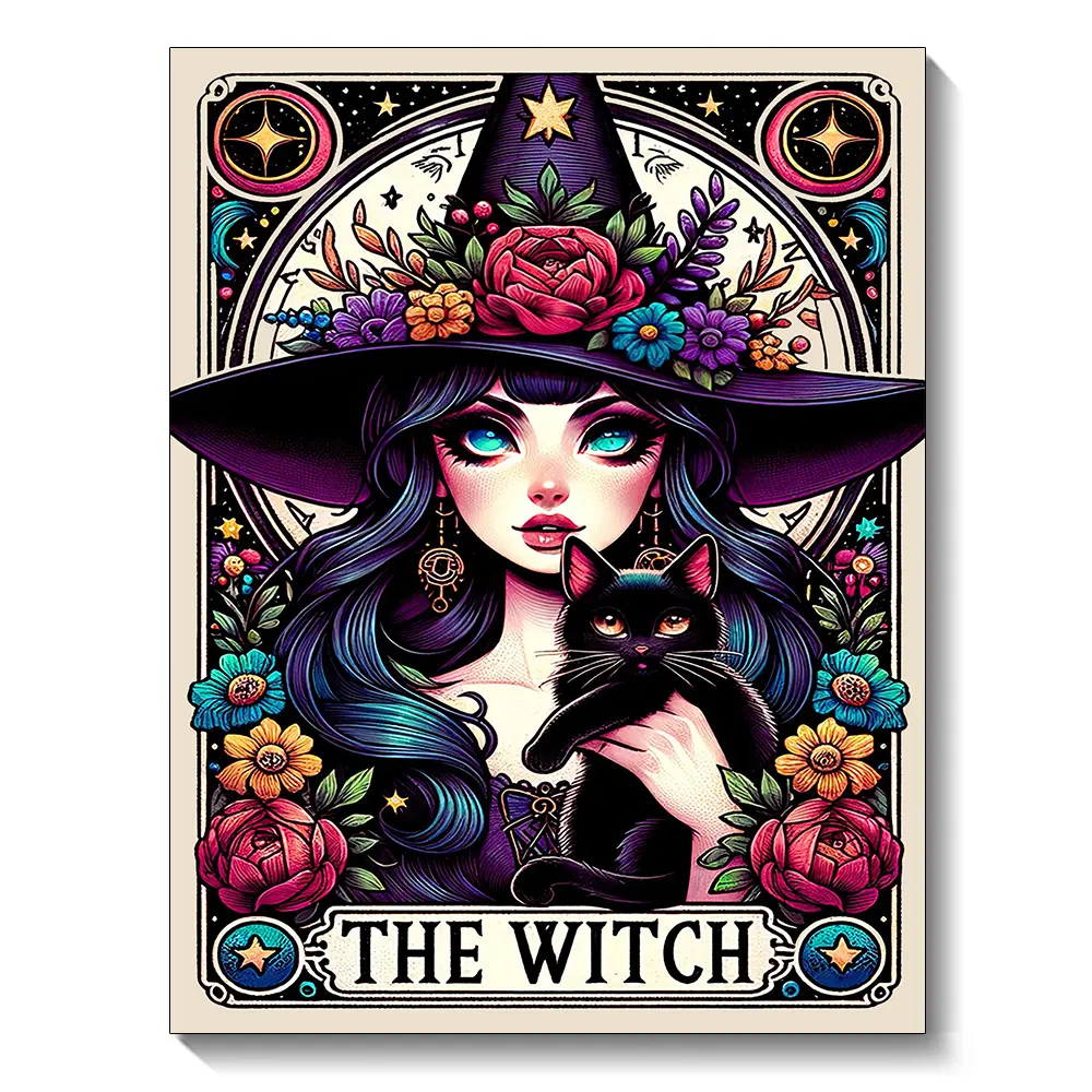 Witch Tarot Diamond Art Painting Gothic Witch and Black Cat Full Square Diamond Mosaic Cross Stitch Kit Home Bedroom Decor