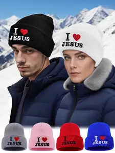 Unisex I Love Jesus Letter Embroidered Beanie, Casual Fitted Winter Hat, Slouchy Skull Cap for Men & Women, Fall & Winter Outdoor Wear