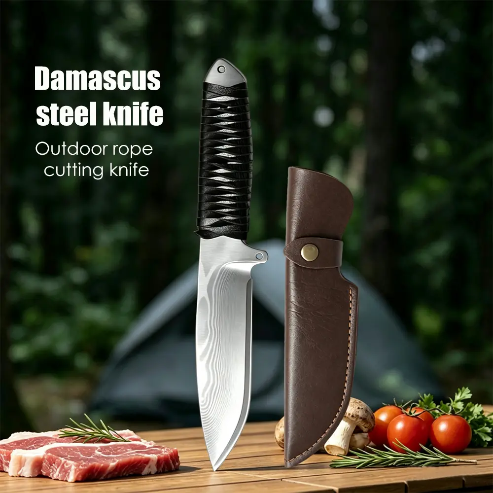 Damascus Steel Outdoor Fixed Blade Camping Knife, Leather Sheath, Strap-Wrapped Handle Bushcraft Survival Tool campingessentials
