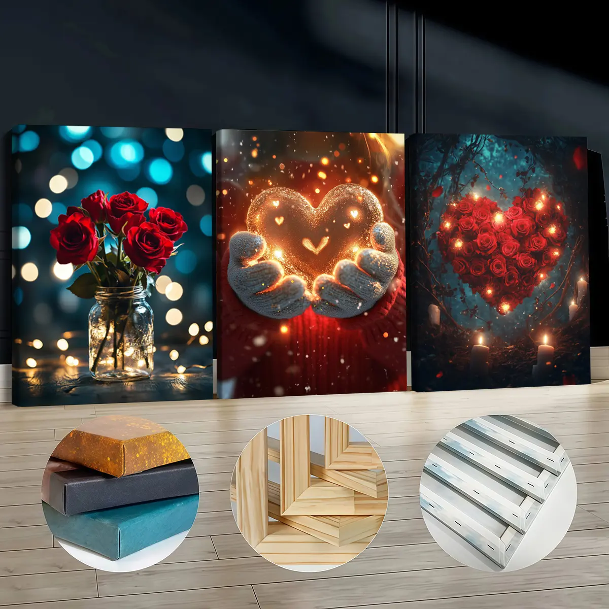 3Pcs Pine Wood-Framed Canvas Prints - 30*40cm(11.8*15.7inch) Romantic Rose & Glowing Heart Flower Art, Odorless Contemporary Fashion Artwork, Home Decor Wall Posters for Living Room, Bedroom