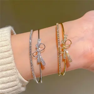 Trendy Vintage Elegant Gold Bow Bracelet Sparkling Synthetic Cubic Zirconia Inlaid Open Adjustable Design Dainty Jewelry for Women Versatile Accessory for Casual & Special Occasions Perfect Gift