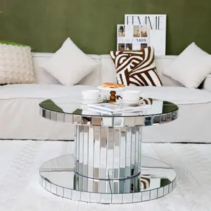 [SOIYELIFE] Double-Tier Luxury Round Mirror Coffee & End Table with Fluted Glass - 31.5" Diameter Modern Sofa Side Table for Living Room, Light Luxury Design, Sturdy Cylinder Frame   Unique furniture