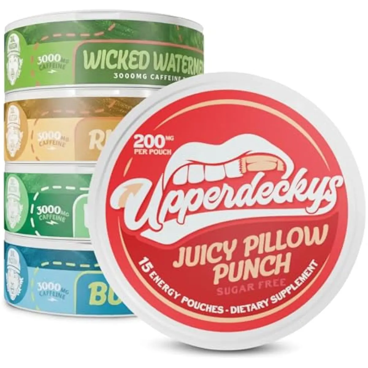 Upperdeckys Caffeine Energy Pouches - 200mg Caffeine Supplement for Energy and Focus - Multi-Pack Nicotine Free Gym Supplements for Men & Women - No Jitters, No Crash & Dip Alternative - 5 Pack