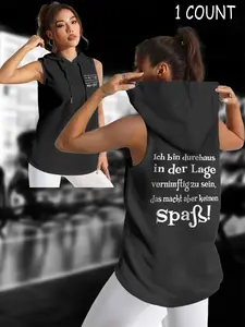 Women's Sleeveless Hooded Tank Top with Letter Print, Sporty Cami Top, Fashionable Casual Sportswear for Summer Outdoor Activities