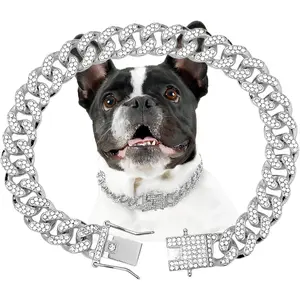 Dog Chain Diamond Collar - Pet Cuban Style Metal Necklace with Secure Buckle, Jewelry Accessory for Small, Medium, Large Dogs and Cats