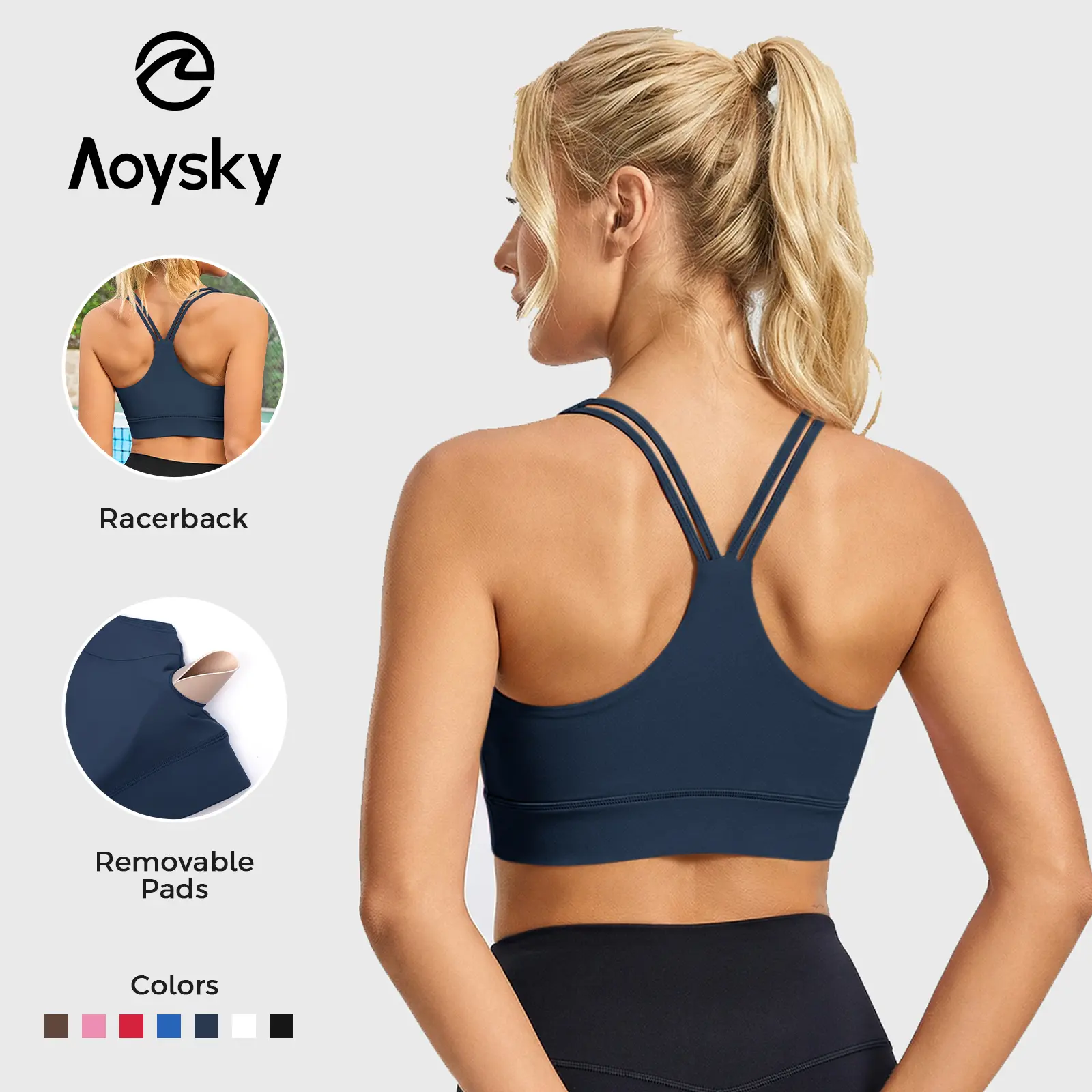 Aoysky Women's Buttery-Soft Racerback Sports Bra - Square Neck, Ruched, Padded Y-Back Crop Tank Top for Gym Workouts & Daily Wear, Sports Bra For Women, Buttery-Soft Everyday Bras