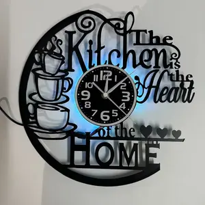 Vintage LED Vinyl Record Wall Clock, Coffee Cup Design, Silent Operation, Seven Color Glow, Retro Home Decor, Kitchen Bedroom Office