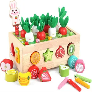 Montessori Wooden Activity Cube for Toddlers Shape Sorting Fishing Game Carrot Pulling Toy Farm Learning Toy Busy Box Fine Motor Skills Educational Toy Gift for Kids 1 2 3 Years Old wooden educational toy