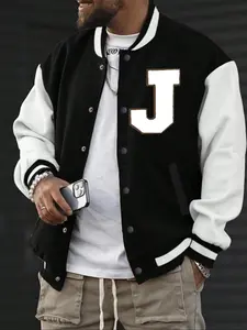 Men's Casual Long Sleeve Baseball Jacket, Menswear, J Letter Print Design, Loose Fit Comfortable Top, Spring & Fall Street Fashion Outdoor Date