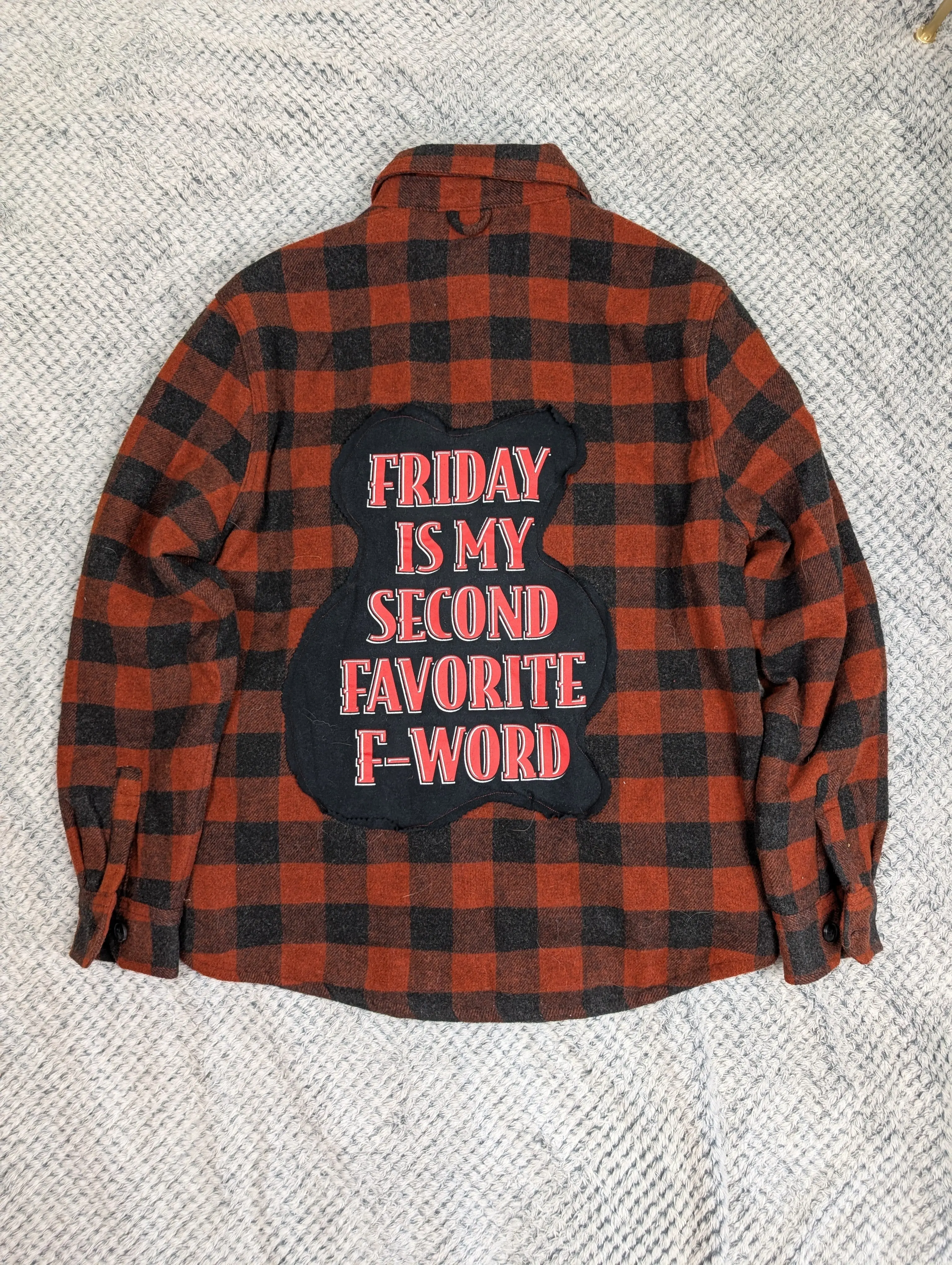 Men's Handmade Flannel Graphic Tee Shirt - Long-Sleeve Casual Top with "Friday is my 2nd Favorite F Word" Design, Menswear, Longsleeves, Upcycled Flannel, Dopamine, One-Of-A-Kind