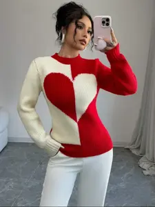 Women's Round Neck Knitted Top, Colorblock Heart Pattern Sweater, Perfect for Festive Dates, Casual Pullover for Women, Knitwear