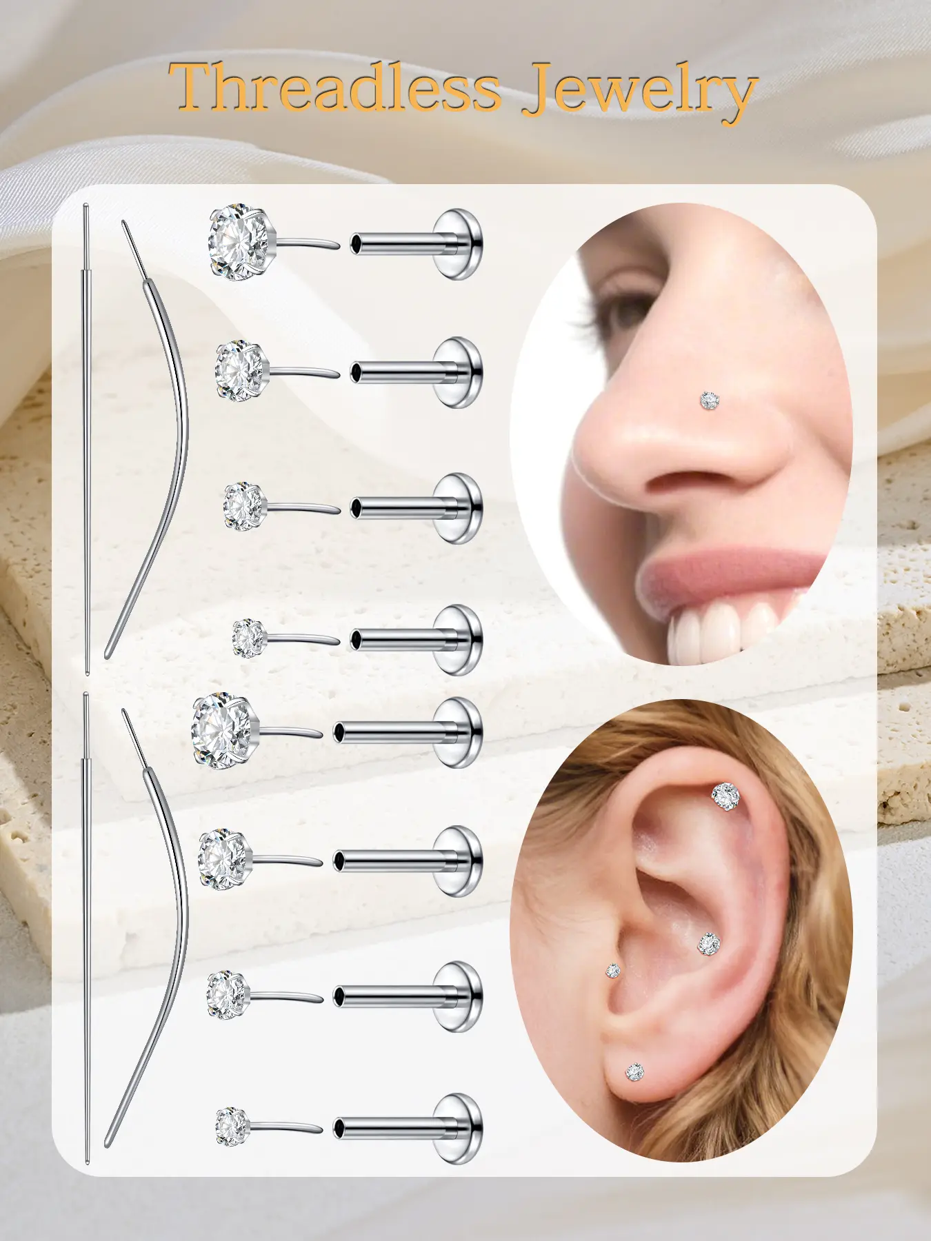 Push Pin Tragus Earrings Sensitive Skin Hypoallergenic Post Earrings G23 Titanium Alloy Earrings - Silvery Helix Earrings Flat Back Studs for Second Hole, Tragus, Cartilage CZ and Heart Style (6mm，16G 18G 20G) Flatback Stud Earrings