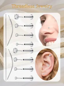 Push Pin Tragus Earrings Sensitive Skin G23 Titanium Alloy Earrings - Silvery Helix Earrings Flat Back Studs for Second Hole, Tragus, Cartilage，Conch Piercing Artificial Zircon CZ and Heart Style (6mm，16G 18G 20G)