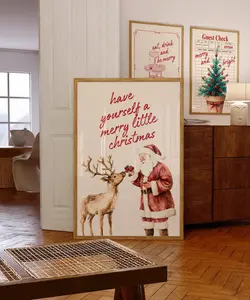Vintage Christmas Wall Art, Santa Claus Reindeer Print Retro Holiday Poster Merry Little Christmas Decoration Festive Home Decor Digital