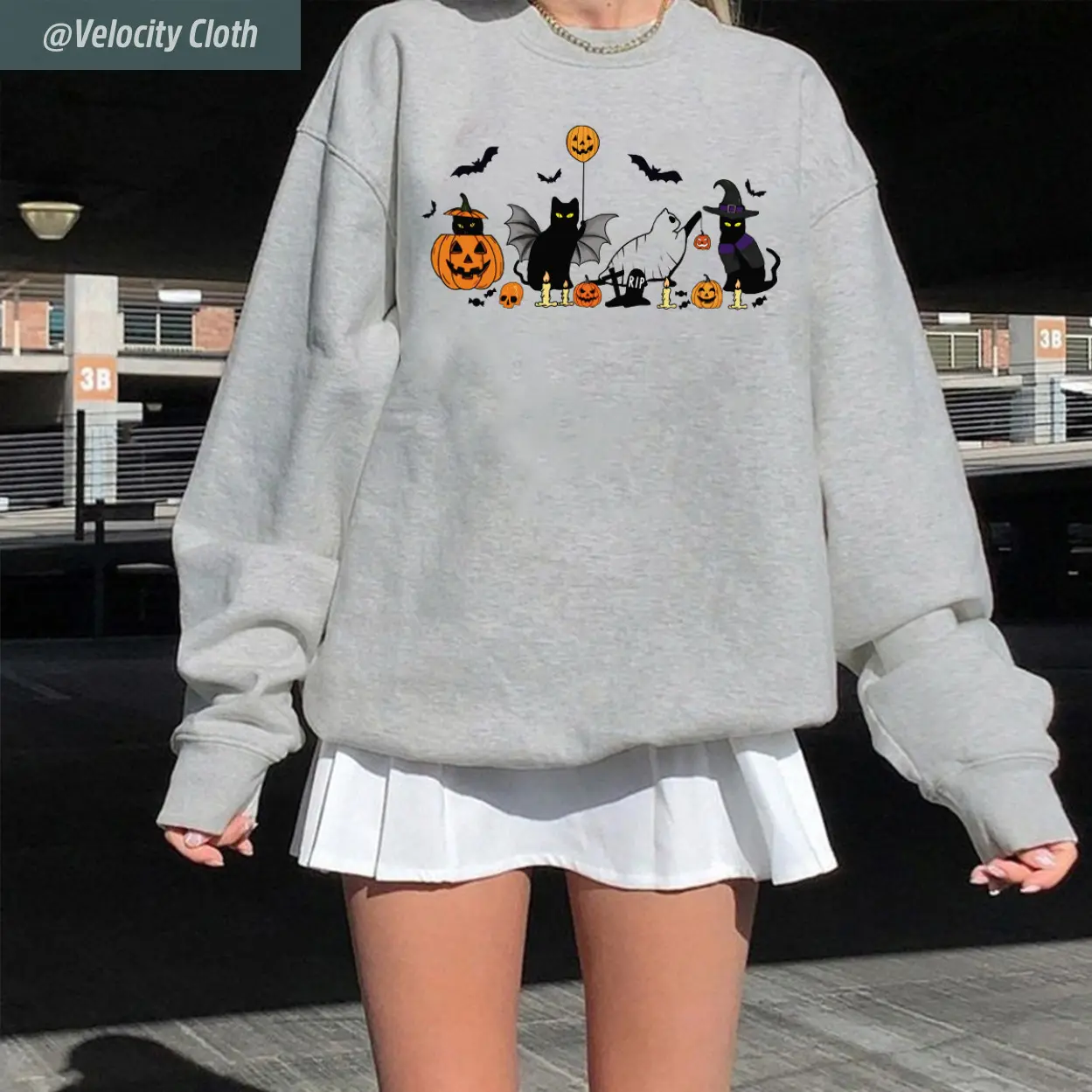Halloween Sweater with a Ghost Cat, Cat Lover Sweater, Black Cat Sweater, Halloween Sweater, Bright Prints, Eye-Catching