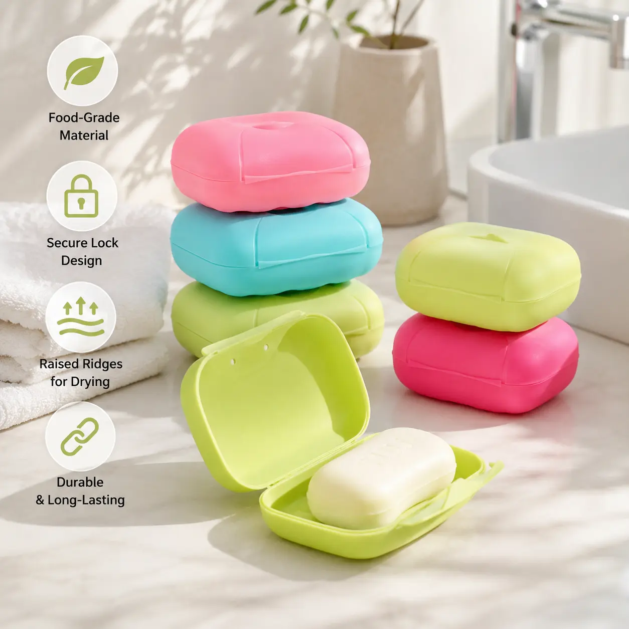 1 Count, Portable Plastic Soap Box with Lock Buckle, Draining Inner Groove, for Bathroom Sink, Travel and Daily Household Use