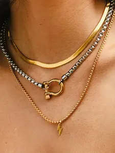 3 Piece Lightning Flat Snake Chain U-Shaped Clasp Pendant Necklace, Vintage Elegant Choker, Valentine's Day Gift