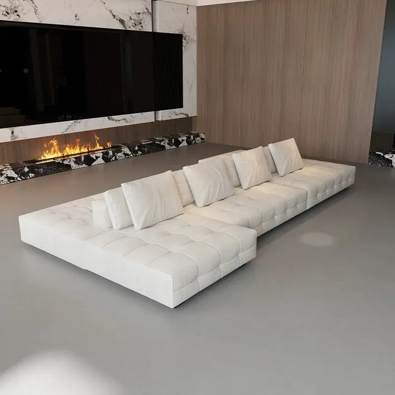 White Modular Cloud Sectional Sofa, Minimalist Square Grid Tufted Floor Couch, Low Profile Armless Combination Sofa for Luxury Living Room