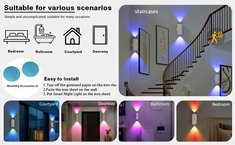 Smart induction LED night light with motion sensor, USB rechargeable RGB gradient wall lamp, dimmable magnetic step lamp for bedroom, entryway, hallway, desk, and stairs — indoor ambient lighting, cozy atmosphere, easy charging, modern decor