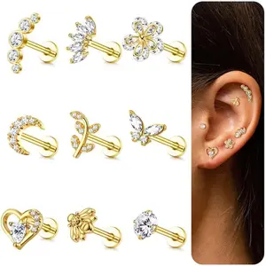 MILACOLATO 9pcs 16G Cartilage Earrings Set - Tragus, Helix, Conch, Labret, Cubic Zirconia - Butterfly, Moon - Gold, Silver - Piercing for Women