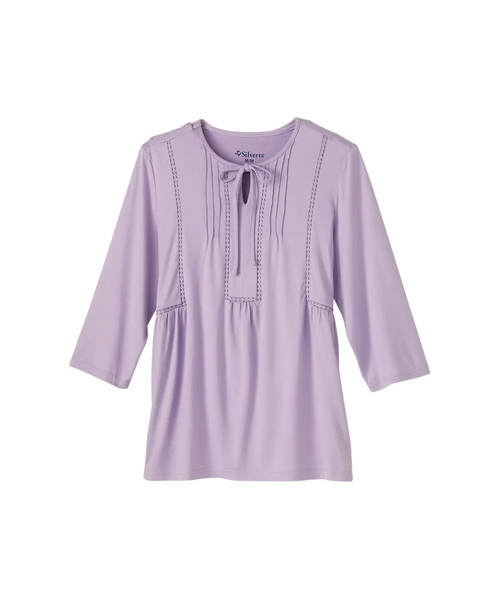 Women's Fitted Sleeved Spandex Blouse Top - Buttery Soft Fabric, Tie Neck Bow, Open Back, Snap Closure, Adaptive Wear with Overlap Panels