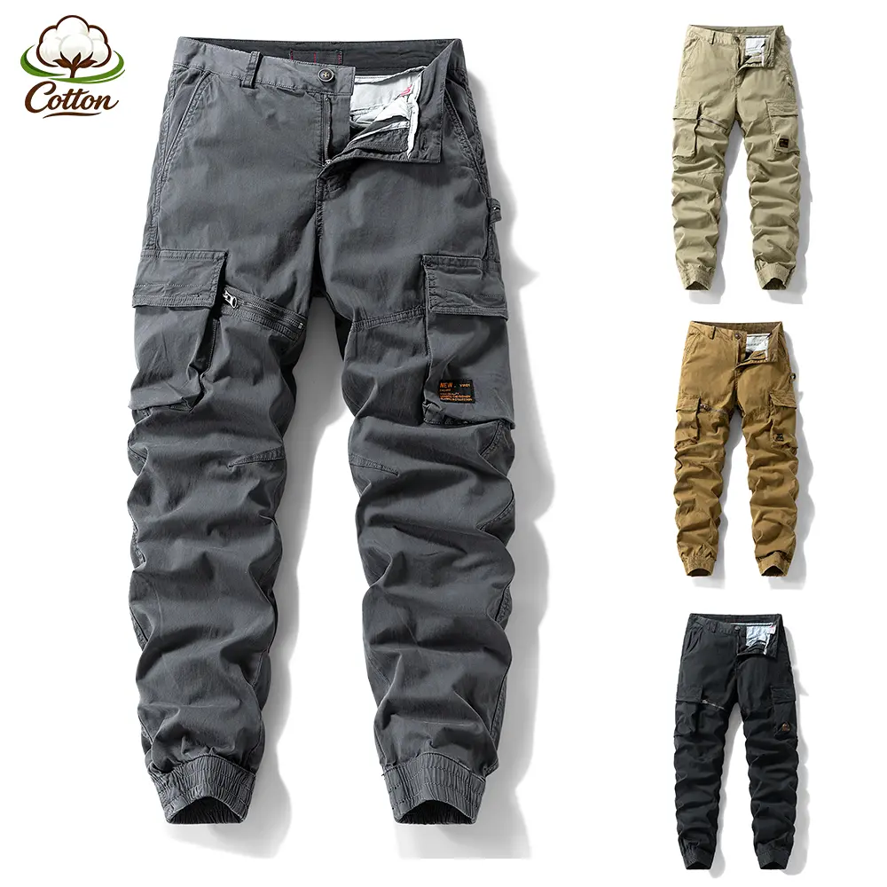 Versatile Streetwear Cotton Cargo Joggers, Multi Pocket Elastic Cuff Utility Trousers - Breathable Four Color Mens Work Camping Quiet Luxury Staple Spring Summer Daily Going Out Pants