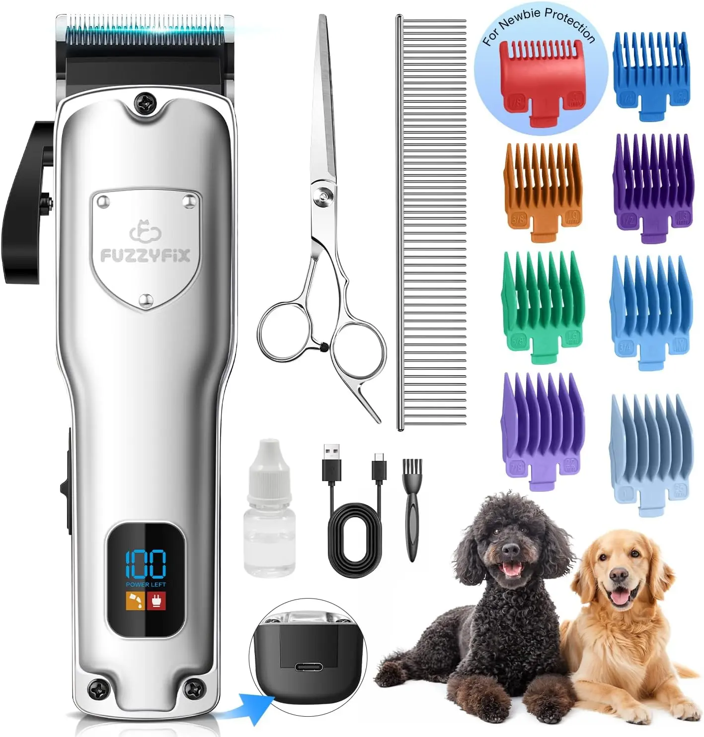 Professional Cordless Dog Grooming Clippers Kit - Rechargeable Low-Noise Pet Hair Trimmer with Stainless Steel Blade for Thick Heavy Coats, Dogs & Cats