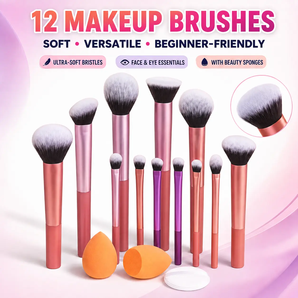 15-Piece Everyday Essentials Makeup Brush Set - Smoothing Dense Synthetic Bristles, 12 Brushes & 3 Cream Sponges for Full-Face Makeup, Cruelty-Free Travel Gift Set for Daily Routines