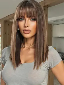18 Inch Long Straight Layered Wig with Curtain Bangs, Medium Length Comfortable and Breathable Fashion Straight Hair Wig for Daily Style, Synthetic Hair Wig