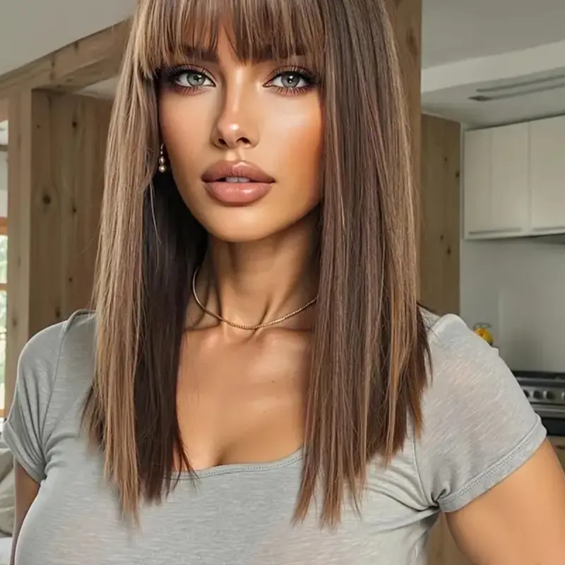 18 Inch Long Straight Layered Wig with Curtain Bangs, Medium Length Comfortable and Breathable Fashion Straight Hair Wig for Daily Style, Hairstyle Wigs, Synthetic Hair Wig