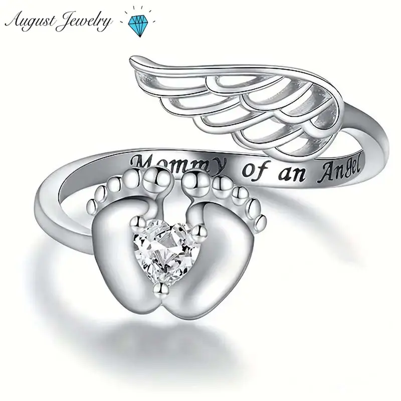 Engraved Cubic Zirconia Ring for Mom - Elegant Angel Wing Footprint Design, Heart Gem Jewelry, Sentimental Birthday Gift, Sizes 6-10, Engraved Ring