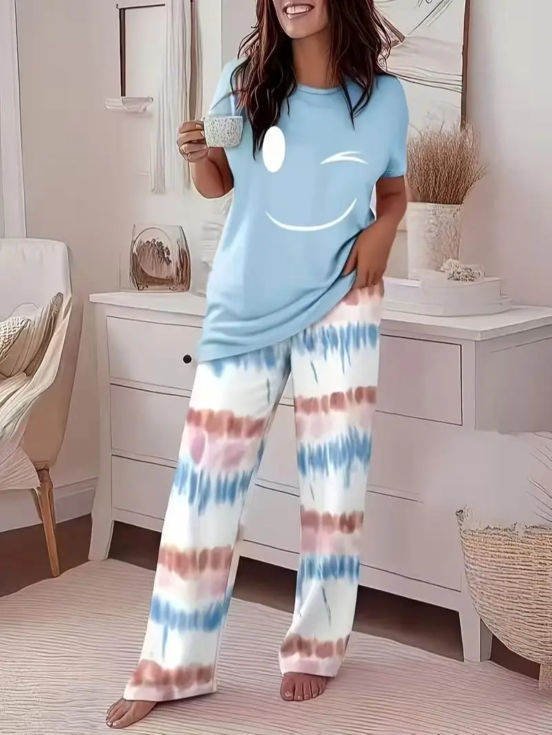 2 Piece Outfit Set, Smiley Print Short Sleeve Top With Gradient Loose Straight Leg Pants