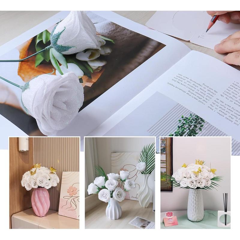 DIY Glitter Roses Bouquet White  - 36 Pack  Shiny Bouquet with Stems Butterfly Crown Eternal Floral for Halloween Elegance Wedding Bouquets Anniversary Birthday Party Gifts