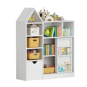 43 Inch Kids Bookshelf with 7 Cubbies and Removable Drawer, 3 Tier Sling Bookcase Toy Storage Organizer and Baby Book Display for Nursery Playroom Bedroom Classroom, MDF Kids Book Rack with Easy Access Design