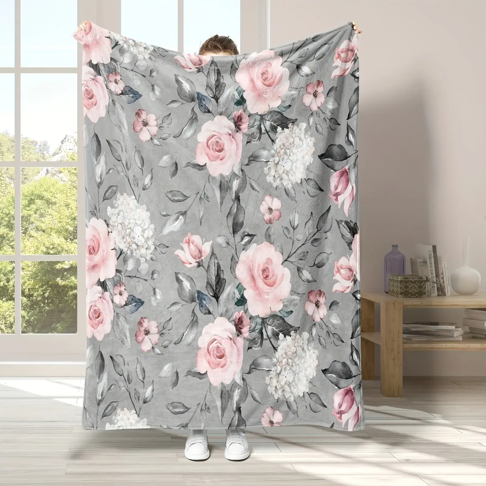 Aesthetic Blush Pink Rose Floral  Fluffy Flannel , Watercolor Botanical Print Plush , Warm Bed/Sofa , Women’s Home   for Birthday Housewarming,  Fluffy