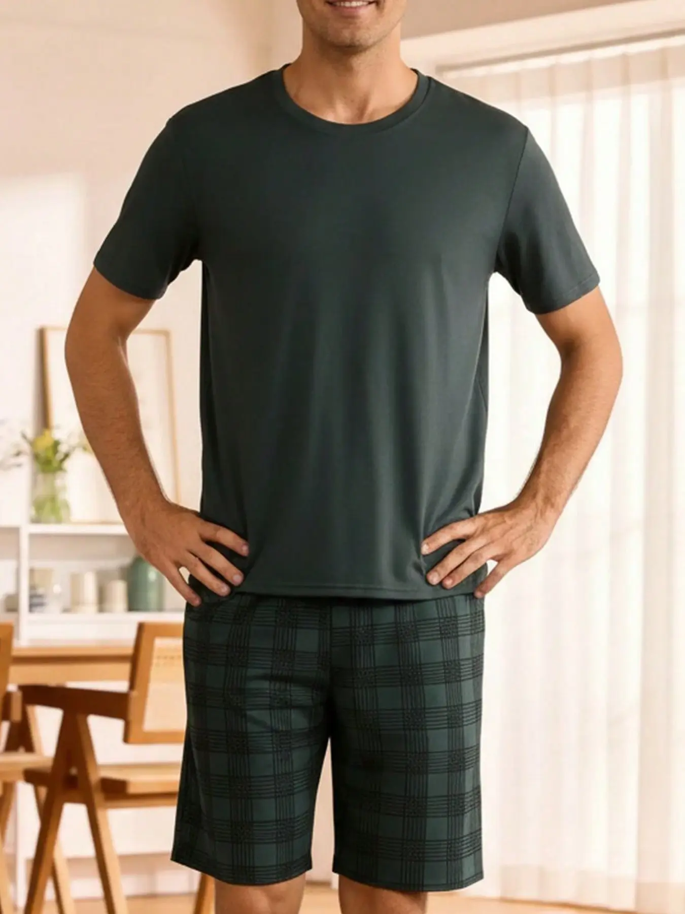 Men's Cartoon Print Short Sleeve Sleepwear Loungewear Set, 2-Piece Plaid Shorts Pajama Suit, Comfortable Pyjamas Pjs Nightwear for Men