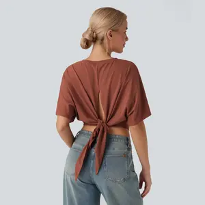 Halara Round Neck Short Sleeve Split Tie Back Cropped Casual Top