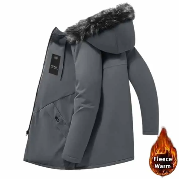Men’s thickened warm fleece jacket with hood and plush collar — windproof, waterproof, insulated casual sports outerwear suitable for outdoor activities and cold weather; machine washable. Thickened, comfortable winter fleece jacket with insulating lining