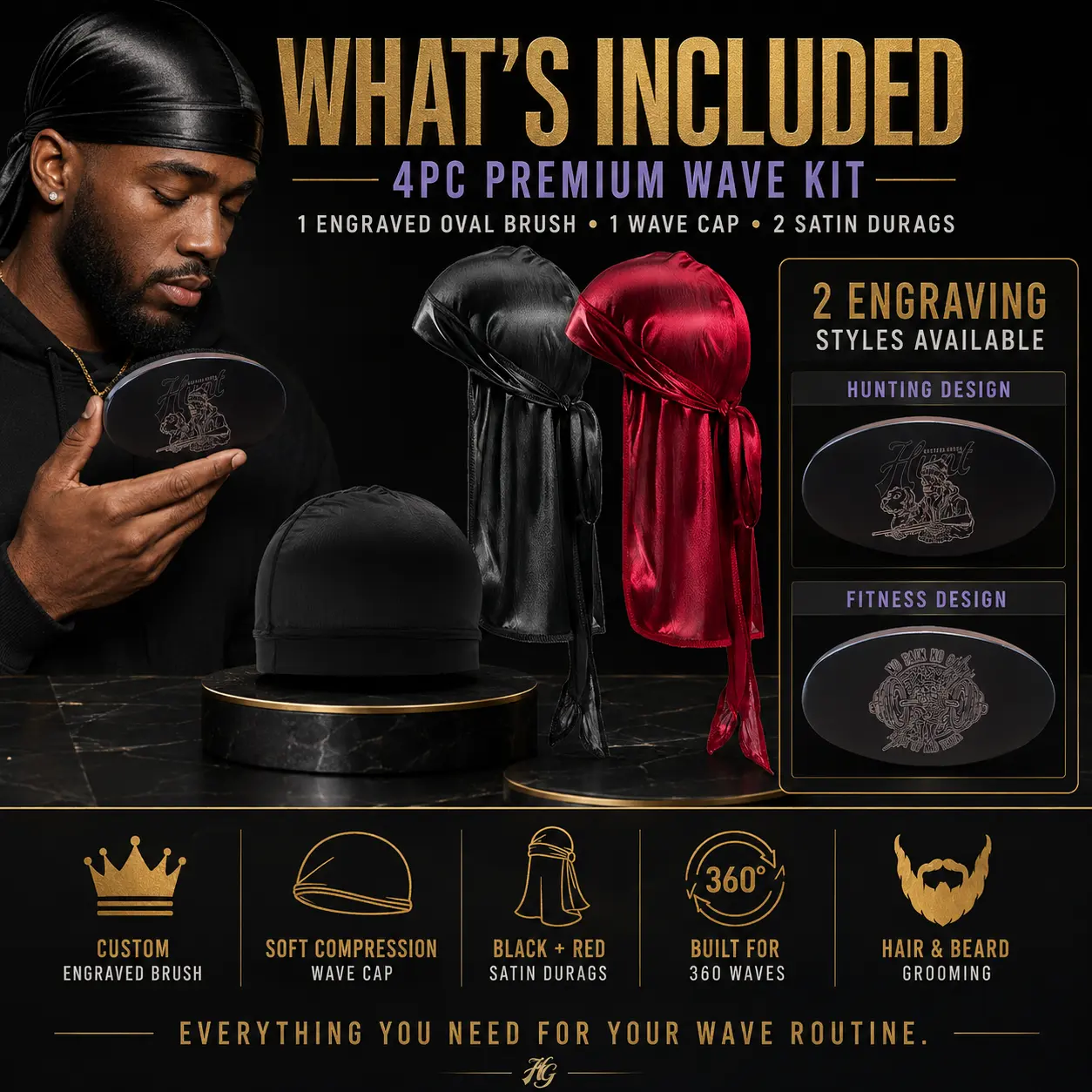 36OWave Brush Set- YDurags with Wave Brush with Premium Bristle Brush with Unique Patern Design, Durag -YShine  Traning, Curved Brush, Durag Cap setfor Men  Women