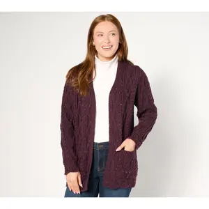 Aran Craft Merino Wool Open Front Cardigan with Scalloped Trim