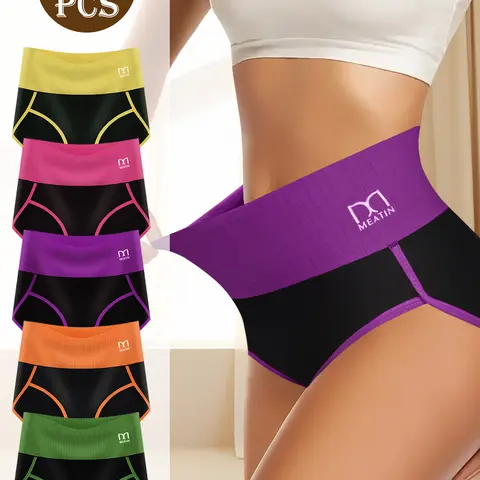 QUASTI Plus Size High-waist Cotton Briefs for Ladies, Contrast Color Soft Comfort Tummy Control Shapewear Briefs for Womenswear, Full Coverage Briefs for Any Size Ladies Dailywear, 0XL-4XL Fit Everyday