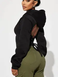 Women's Lace Up Strap Hoodie Black Casual Pullover Top