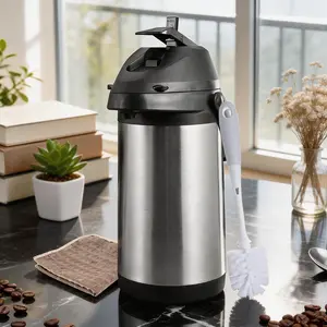 Thermal Airpot Coffee Carafe with Lever Action Pump, 1.9L/4L Stainless Steel Design, Includes Cleaning Cloth & Brush for Hot Beverages