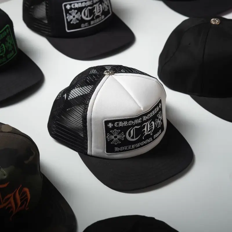 Chronic Hearts Trucker Hat - Black & White Mesh Design with Logo Patch, Adjustable Fit, Ideal for Casual Wear